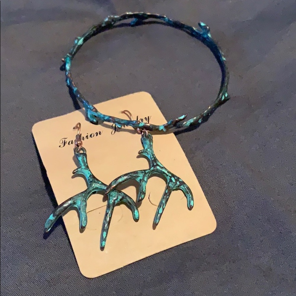 Teal/Copper Handmade Antler Earring/Bracelet Set